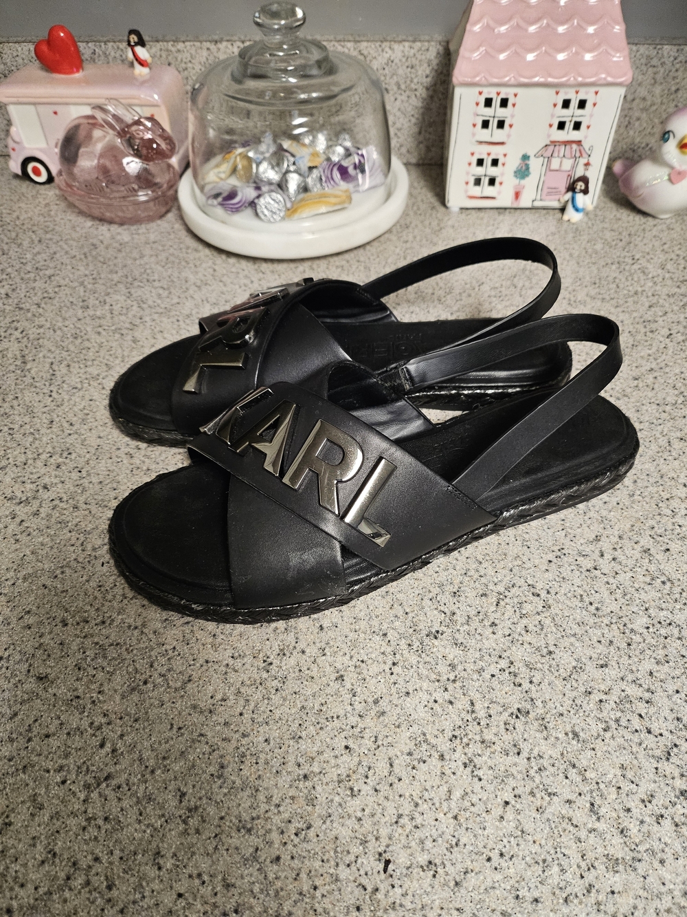Karl Lagerfeld Black Leather Slingback Sandals